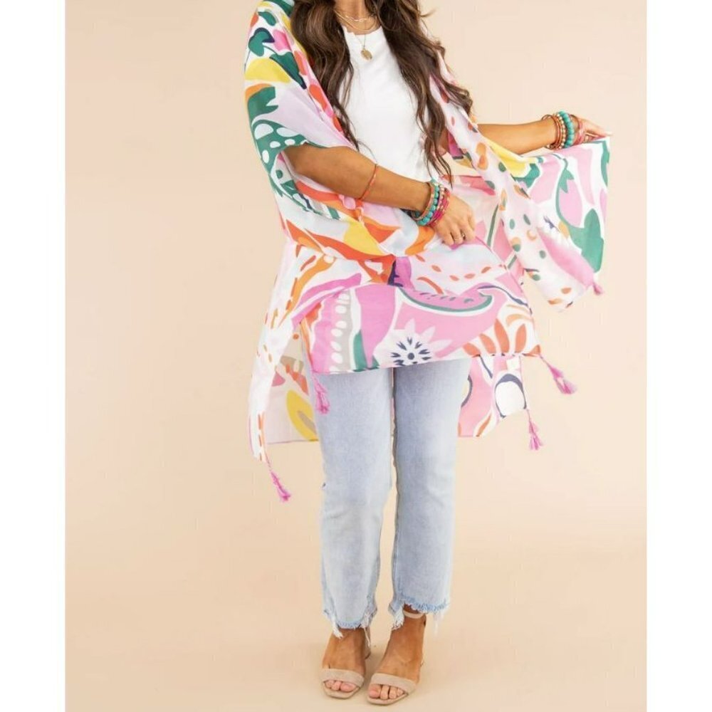 Tropical Floral Print Open Front Kimono with Tassel Fringe - Picture 4 of 7